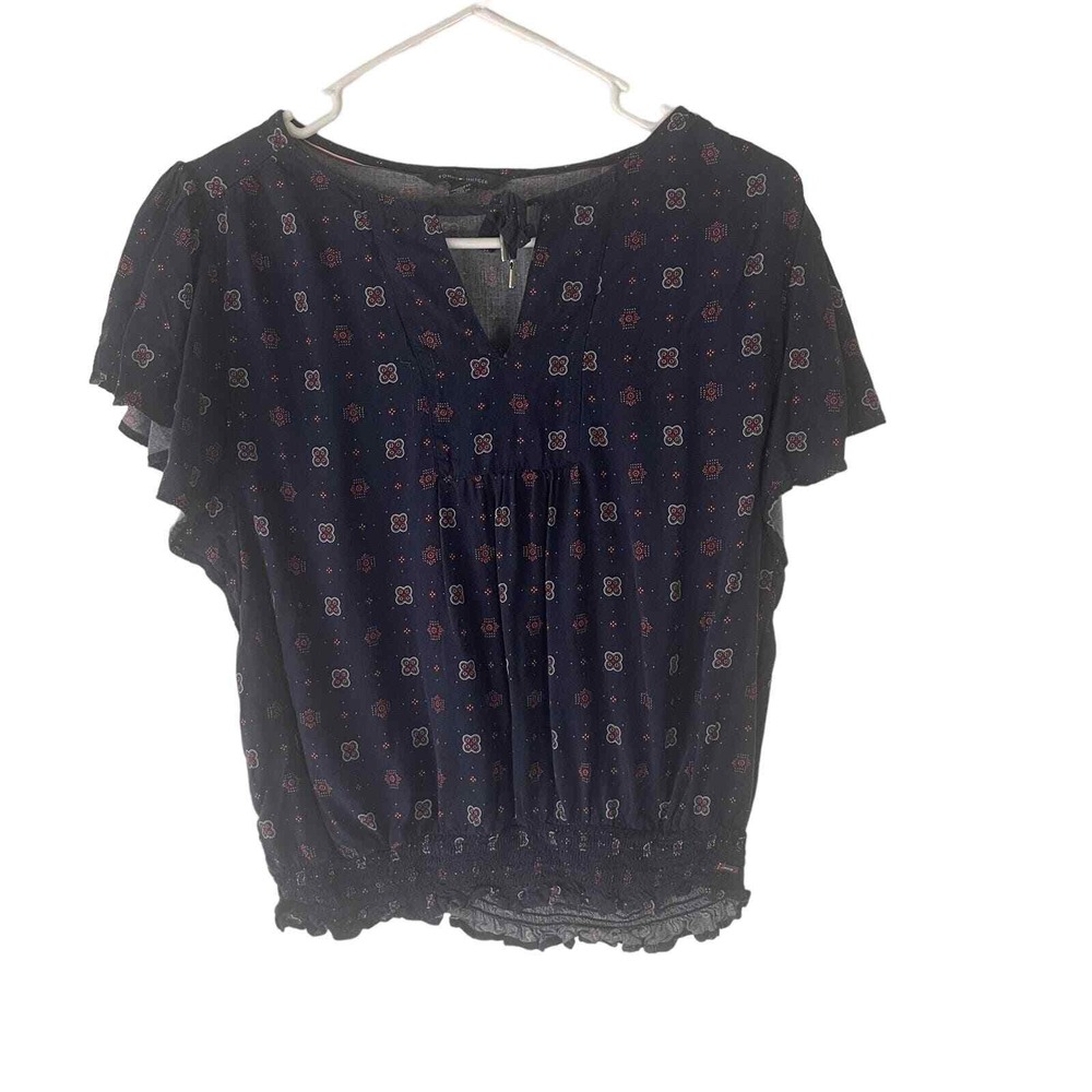 Tommy‎ Hilfiger Navy Blue Geometric Floral Flutter Sleeve Smocked Blouse Medium